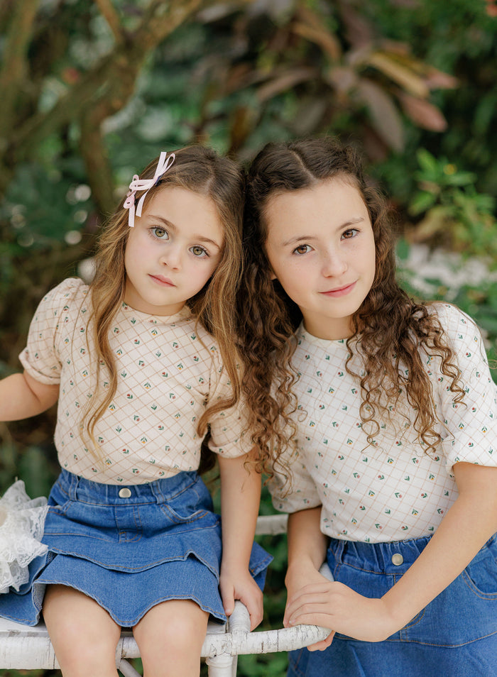 Girls Tee - Ivory - Floral Grid
