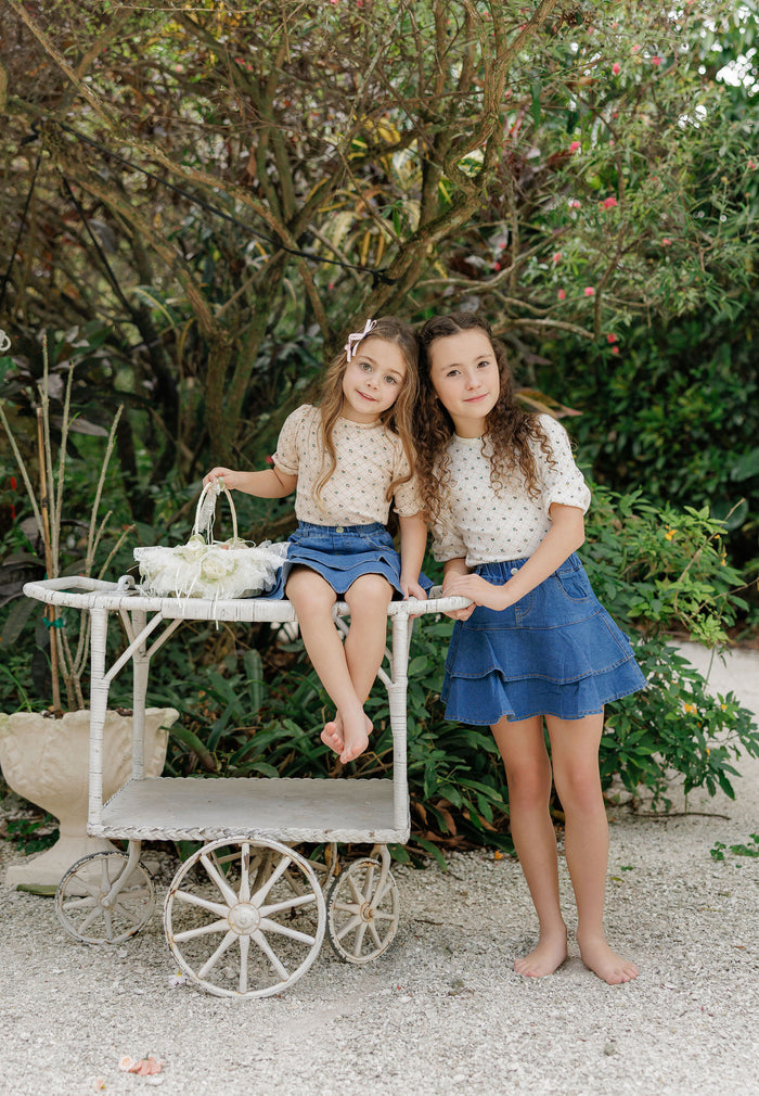 Girls Tee - Ivory - Floral Grid