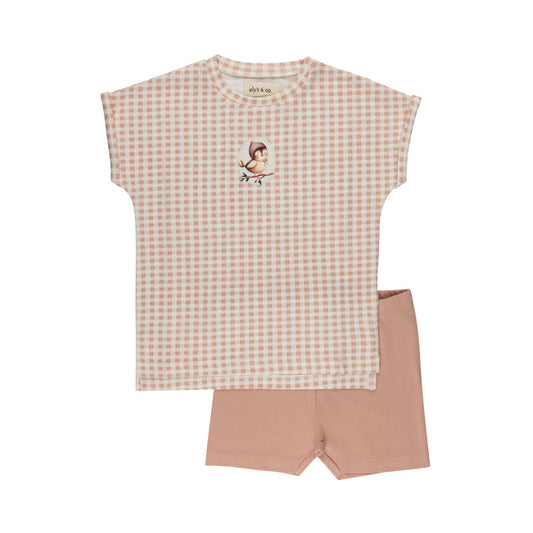 Girls Tee and Shorts - Blush - Gingham Owl