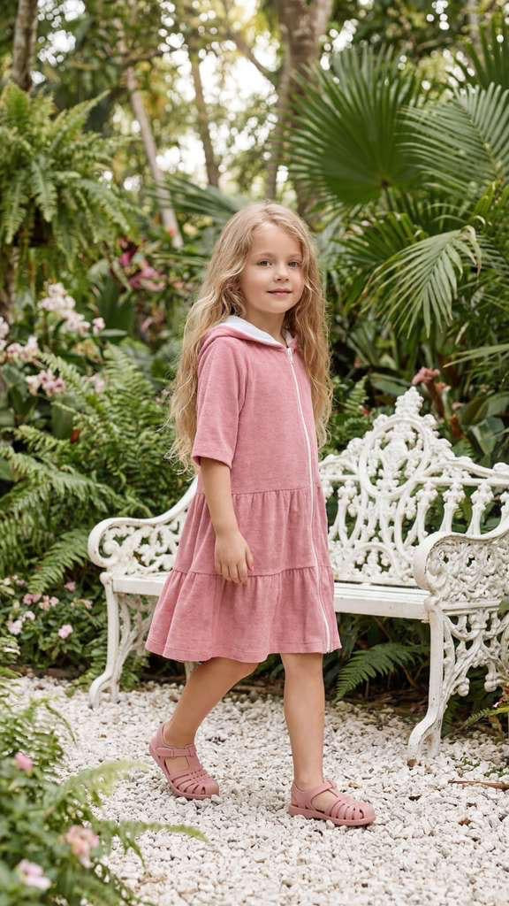 Young girl in a pink robe standing in a garden with a white bench and greenery.
