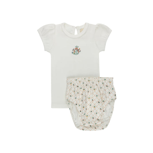 Girls Tshirt and Bloomer Set - Ivory - Embroidered Florals