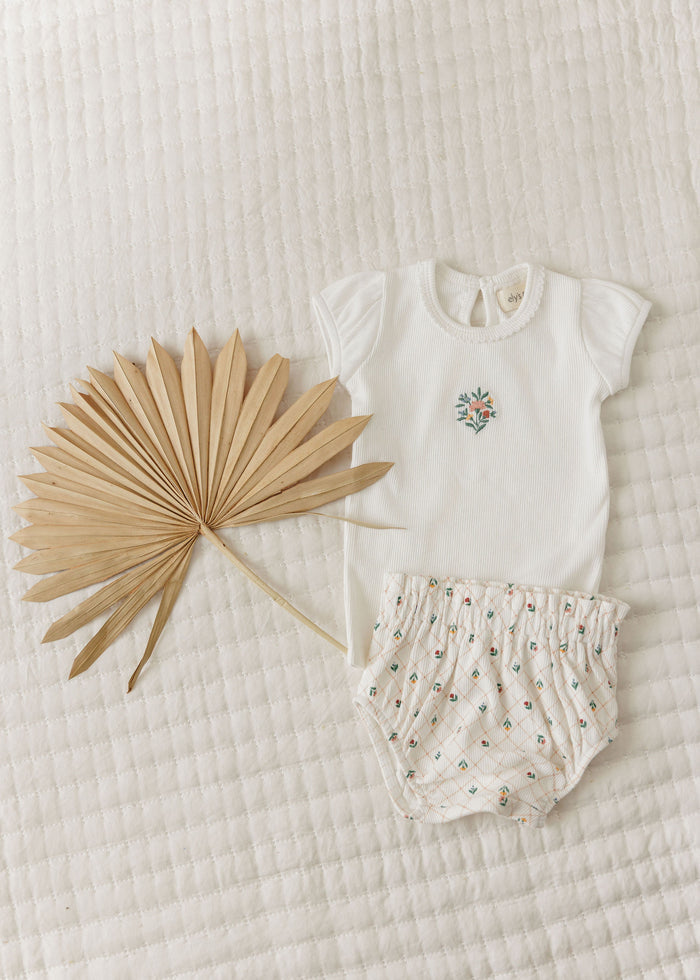 Girls Tshirt and Bloomer Set - Ivory - Embroidered Florals