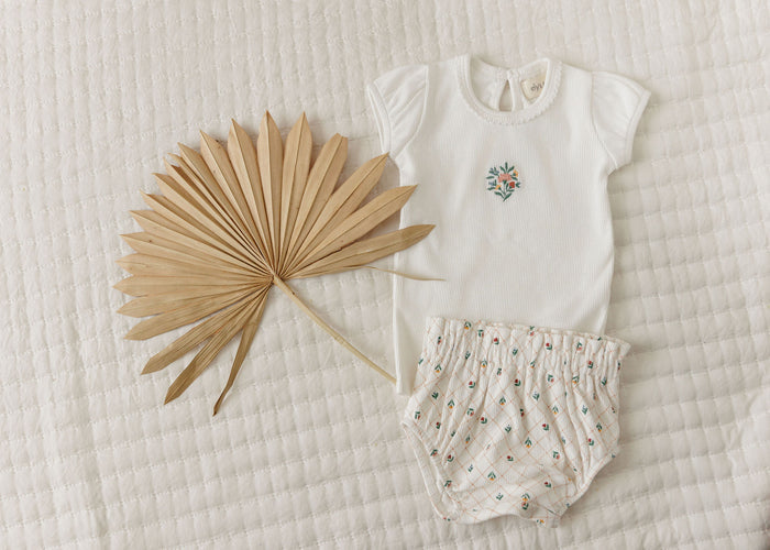 Girls Tshirt and Bloomer Set - Ivory - Embroidered Florals