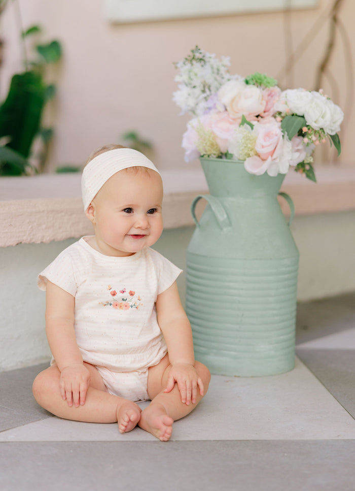 Girls Tshirt and Bloomer Set - Ivory Pink - Floral Stripe