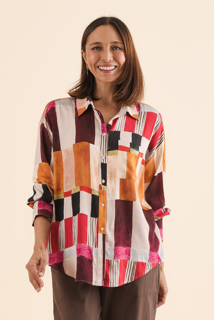 Glenda Red Geo Collared Shirt,Front,Brunette model,alt text|model:Cara