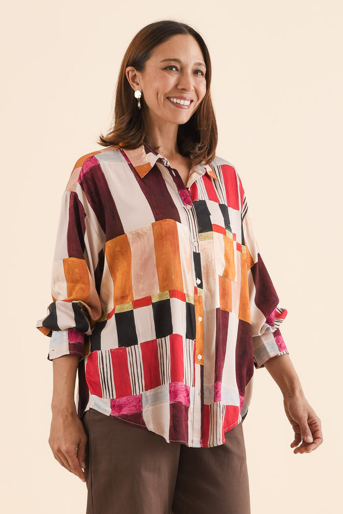 Glenda Red Geo Collared Shirt,Side,Brunette model,alt text|model:Cara