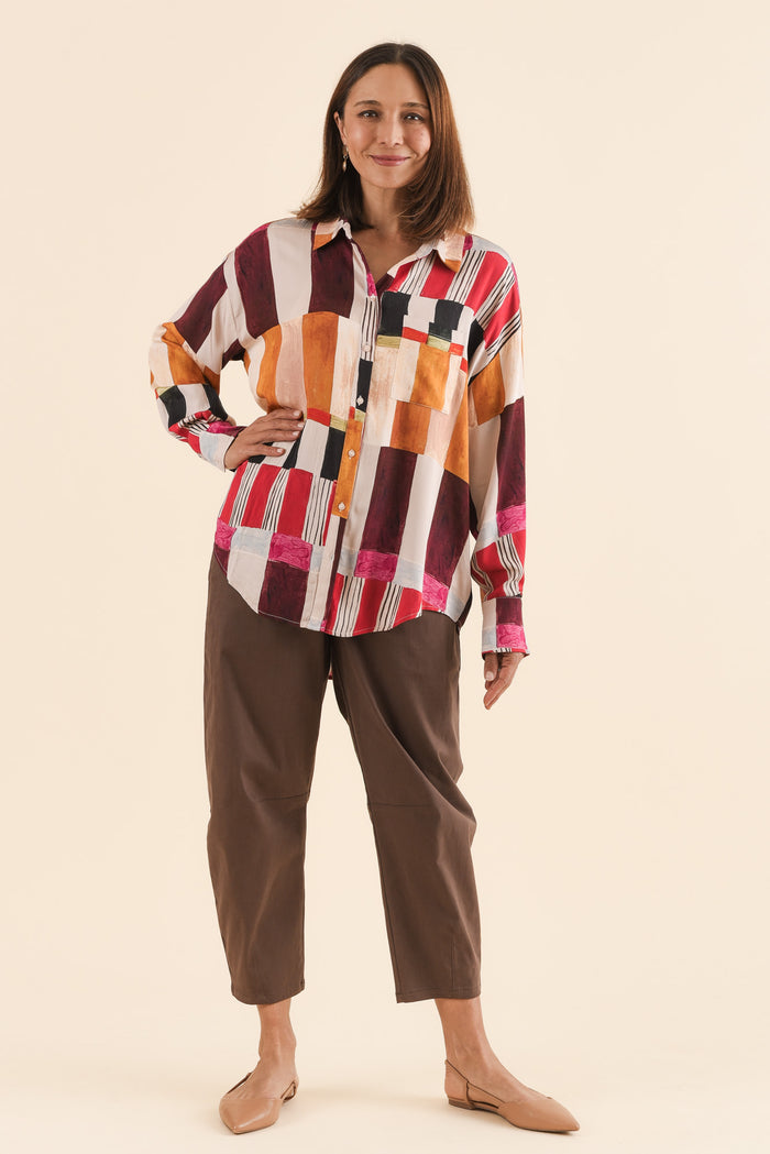 Glenda Red Geo Collared Shirt,Full Body,Brunette model,alt text|model:Cara