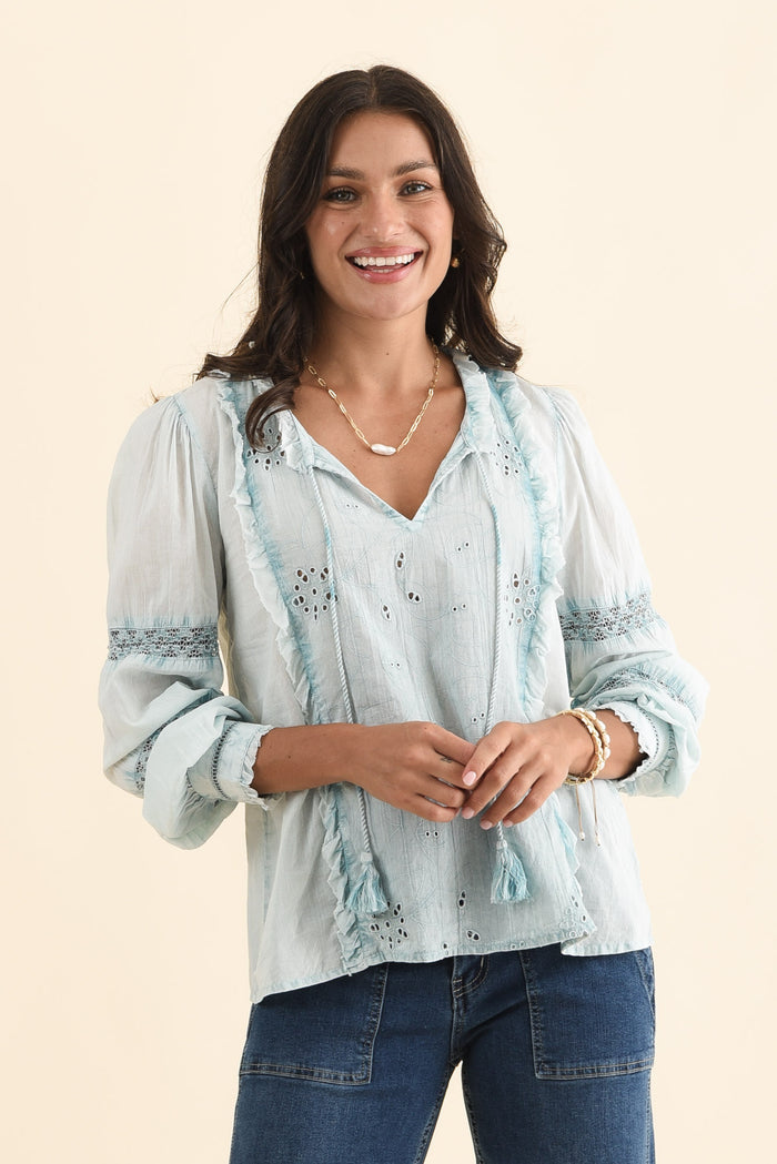 Gloria Blue Embroidered Cotton Top,Brunette model,alt text|model:Brontie