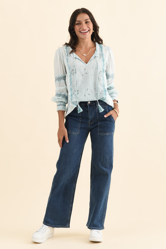 Gloria Blue Embroidered Cotton Top,Brunette model,alt text|model:Brontie