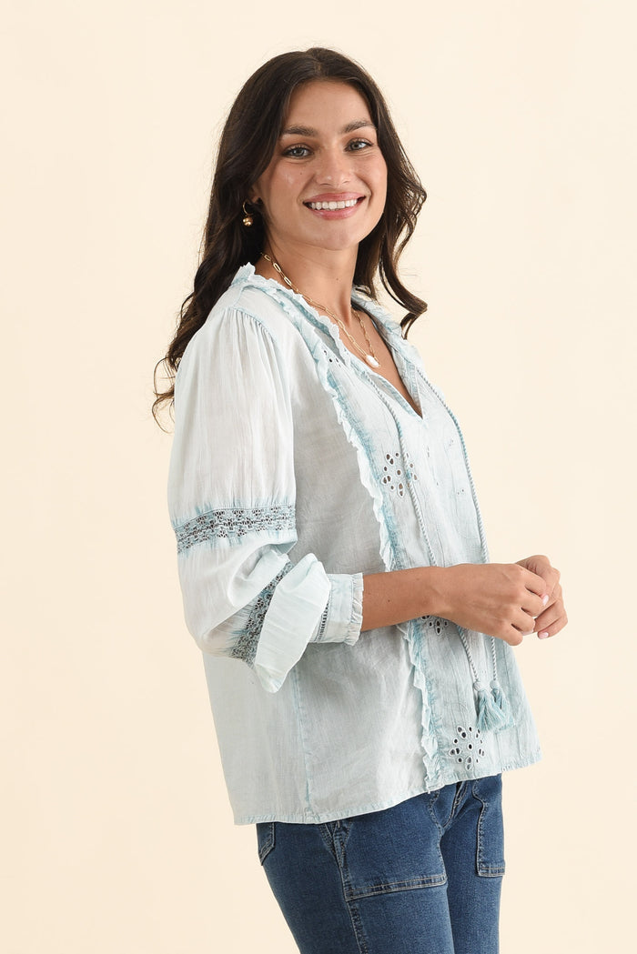 Gloria Blue Embroidered Cotton Top,Brunette model,alt text|model:Brontie
