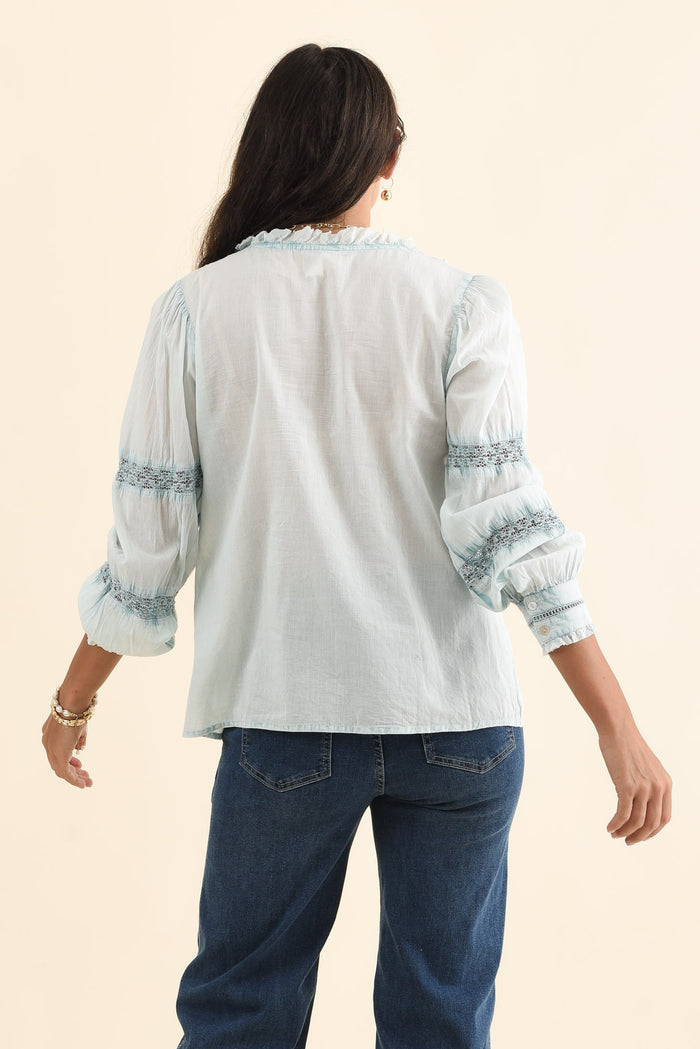 Gloria Blue Embroidered Cotton Top,Brunette model,alt text|model:Brontie
