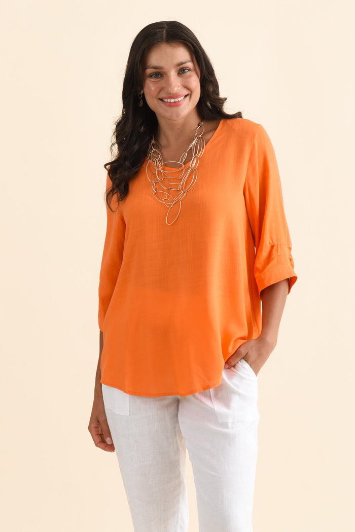 Gomez Orange Button Top,Brunette model,alt text|model:Brontie