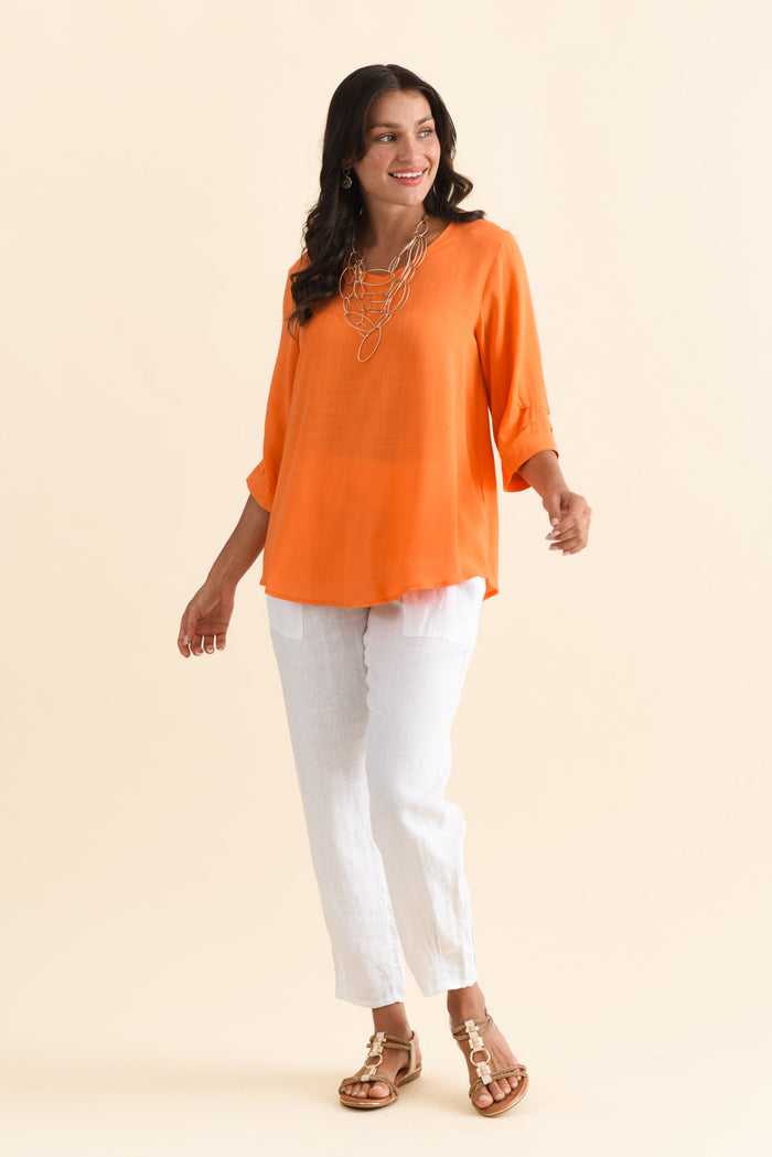Gomez Orange Button Top,Brunette model,alt text|model:Brontie