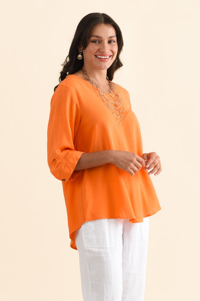 Gomez Orange Button Top,Brunette model,alt text|model:Brontie
