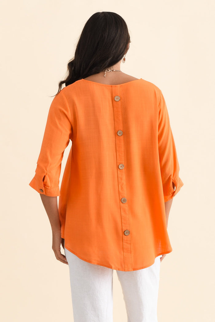 Gomez Orange Button Top,Brunette model,alt text|model:Brontie