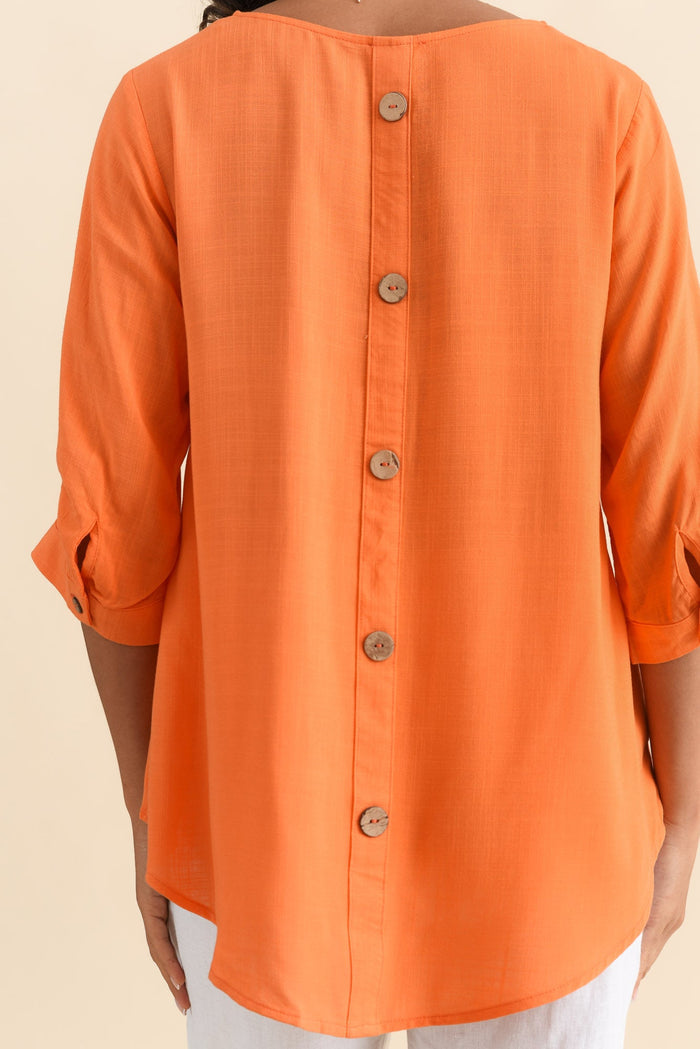 Gomez Orange Button Top,Brunette model,alt text|model:Brontie