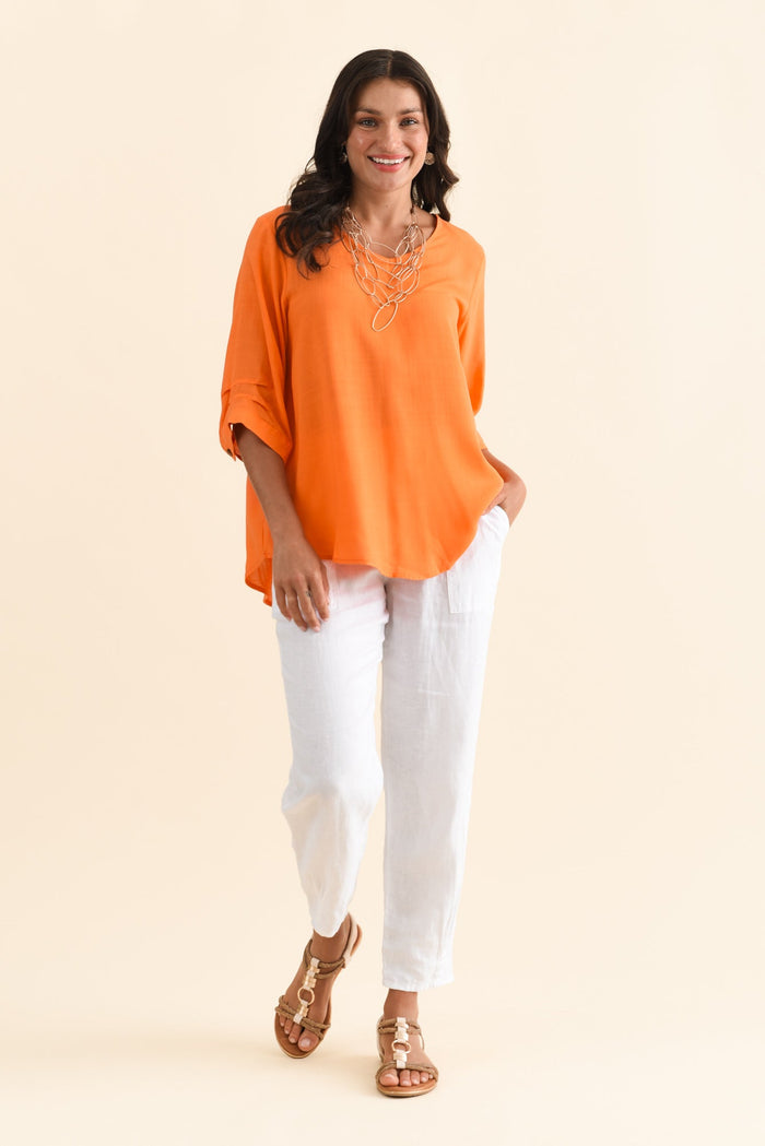 Gomez Orange Button Top,Brunette model,alt text|model:Brontie