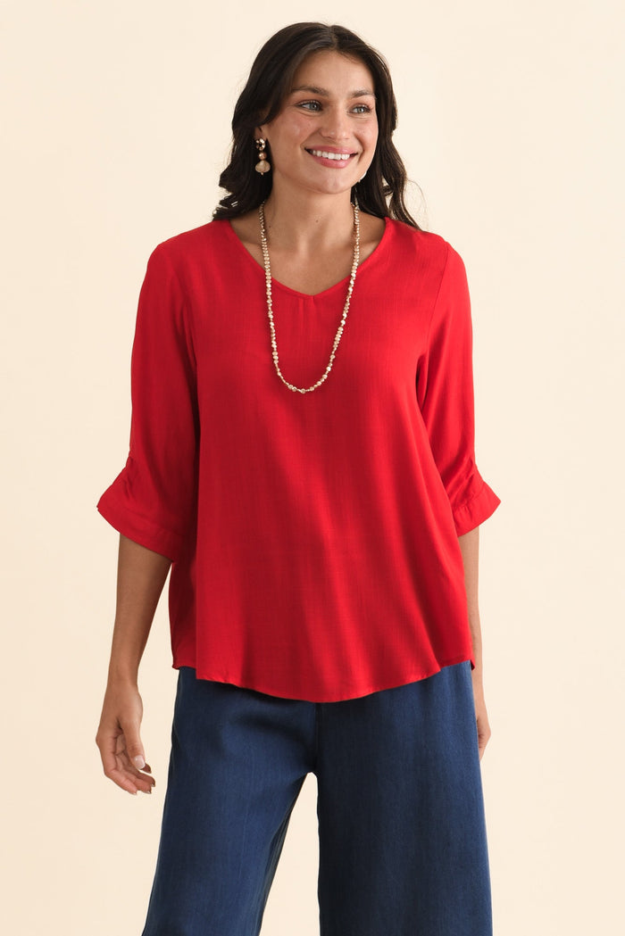 Gomez Red Button Top,Brunette model,alt text|model:Brontie