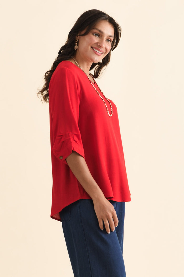 Gomez Red Button Top,Brunette model,alt text|model:Brontie