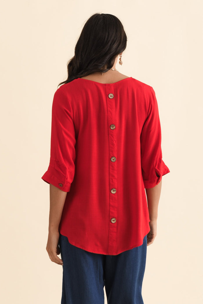 Gomez Red Button Top,Brunette model,alt text|model:Brontie