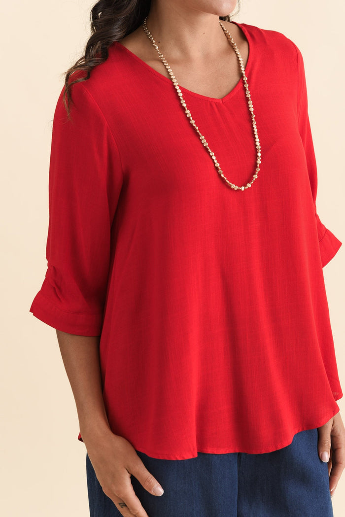 Gomez Red Button Top,Brunette model,alt text|model:Brontie