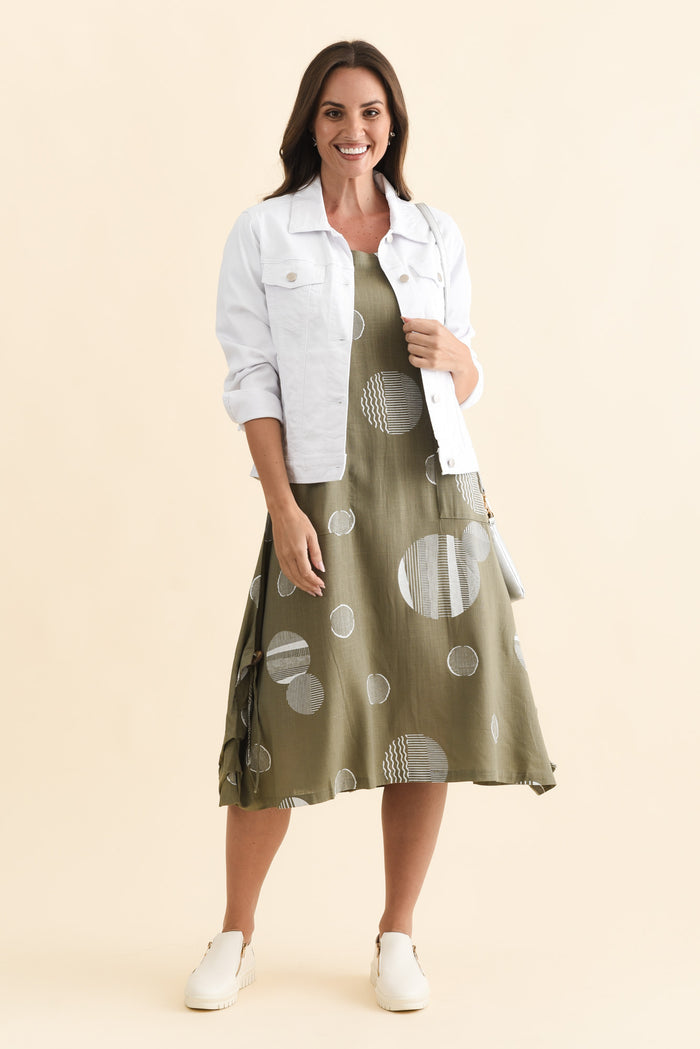 Hailee Olive Spot Linen Cotton Dress,Brunette model,alt text|model:MJ