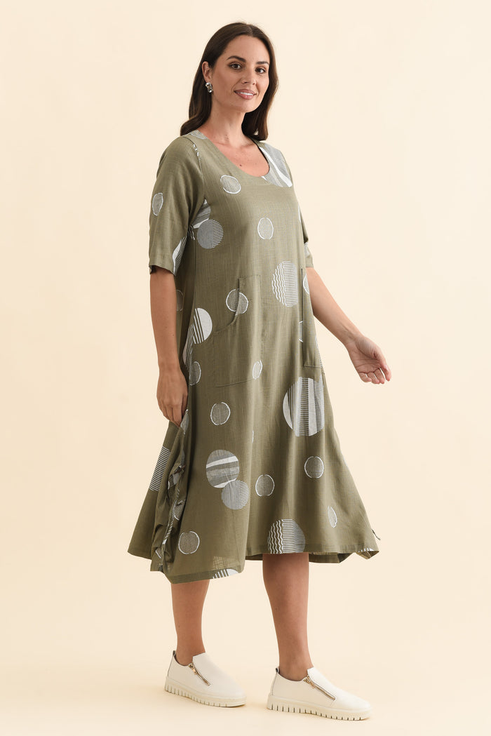 Hailee Olive Spot Linen Cotton Dress,Brunette model,alt text|model:MJ