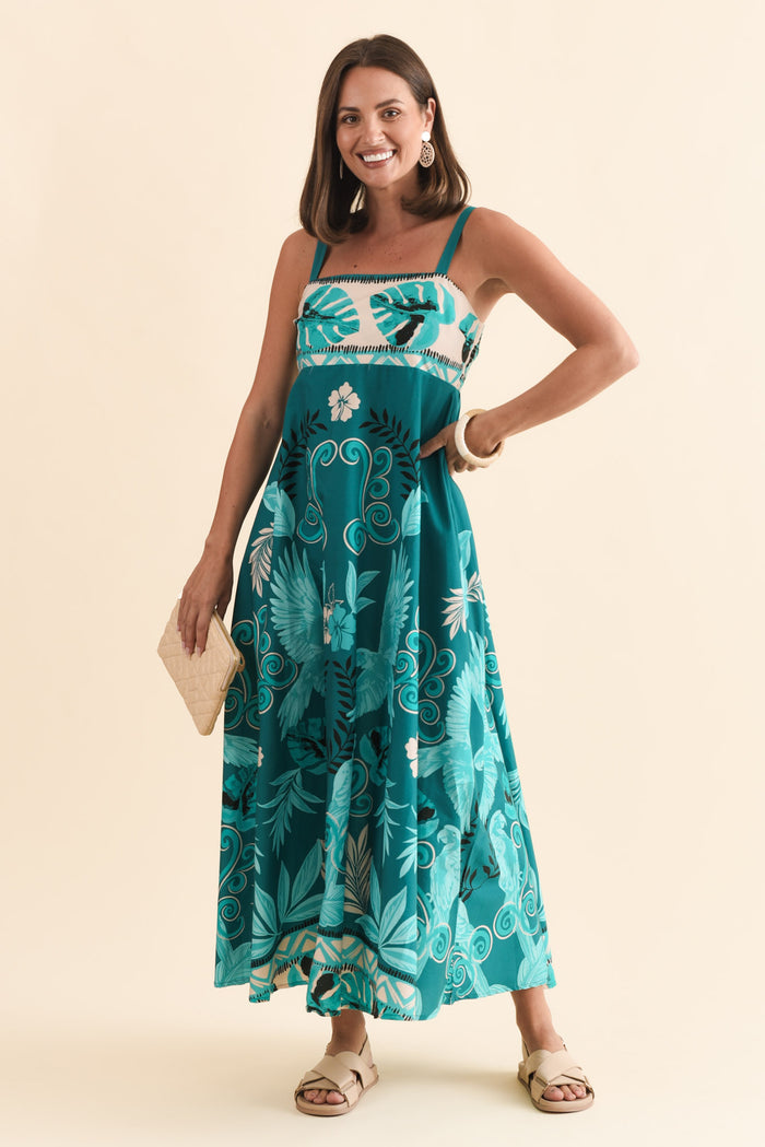 Haly Blue Tropical Cotton Poplin Dress,Brunette model,alt text|model:MJ