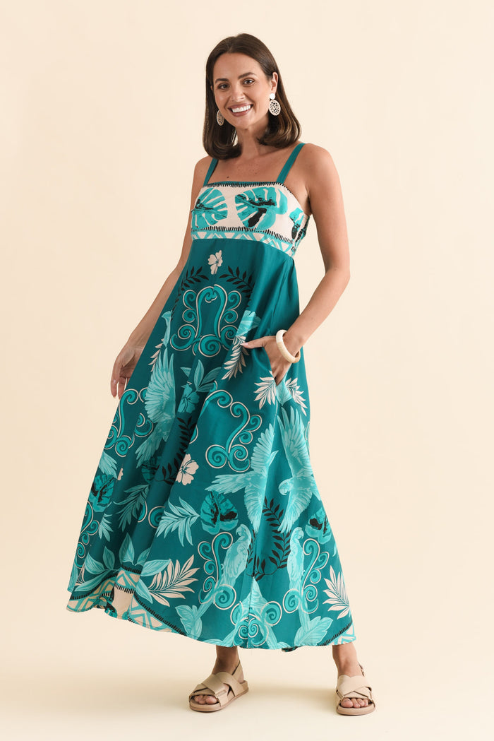 Haly Blue Tropical Cotton Poplin Dress,Brunette model,alt text|model:MJ