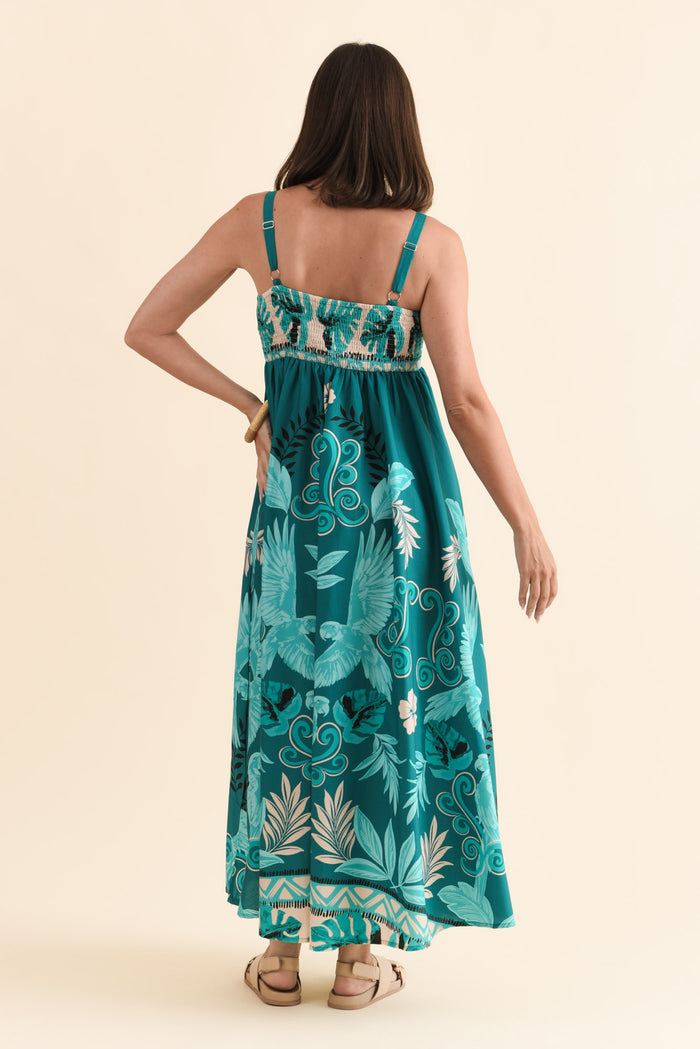 Haly Blue Tropical Cotton Poplin Dress,Brunette model,alt text|model:MJ