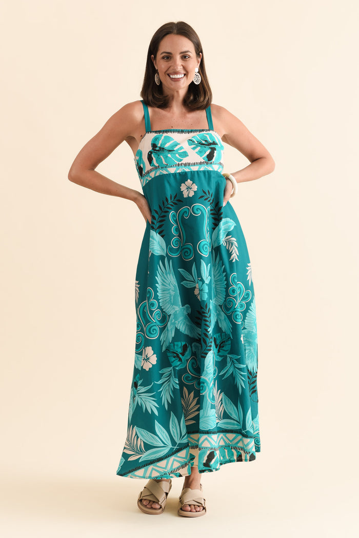 Haly Blue Tropical Cotton Poplin Dress,Brunette model,alt text|model:MJ