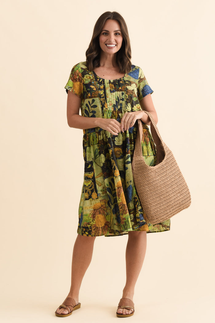 Hanoi Green Botanical Cotton Blend Dress,Brunette model,alt text|model:MJ