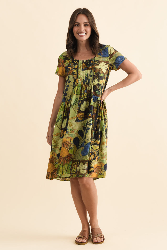 Hanoi Green Botanical Cotton Blend Dress,Brunette model,alt text|model:MJ
