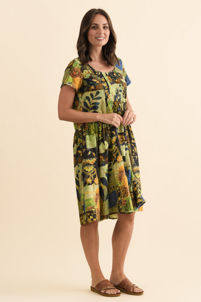 Hanoi Green Botanical Cotton Blend Dress,Brunette model,alt text|model:MJ