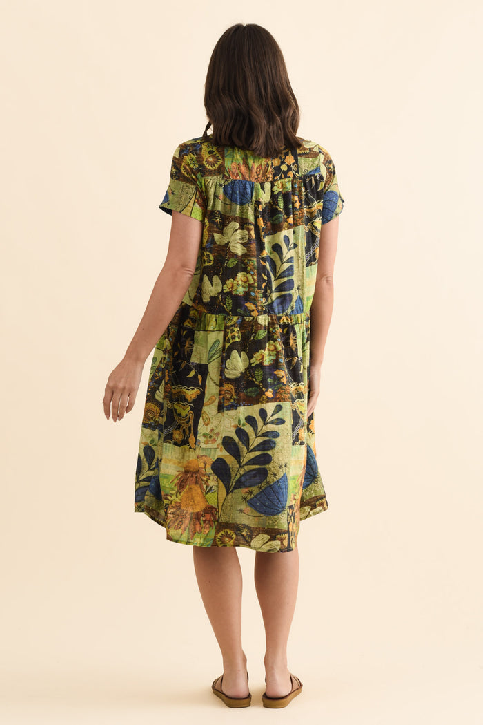 Hanoi Green Botanical Cotton Blend Dress,Brunette model,alt text|model:MJ
