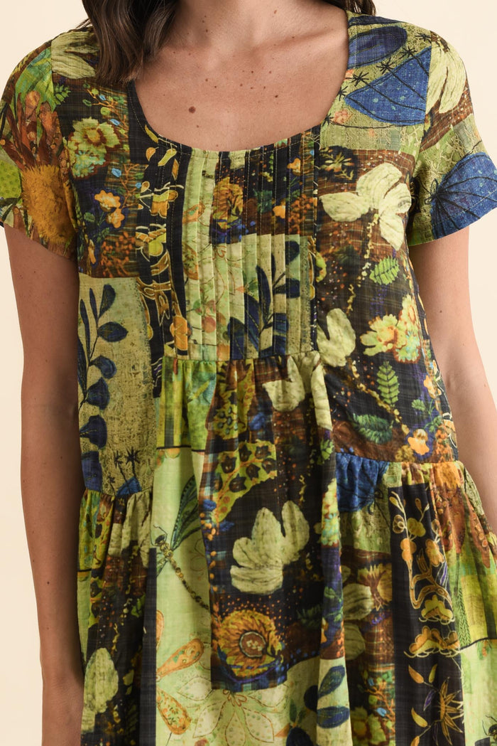 Hanoi Green Botanical Cotton Blend Dress,Brunette model,alt text|model:MJ