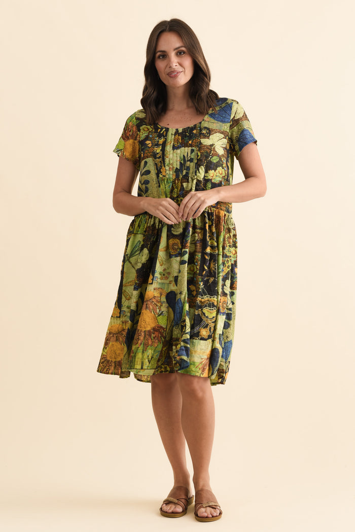 Hanoi Green Botanical Cotton Blend Dress,Brunette model,alt text|model:MJ