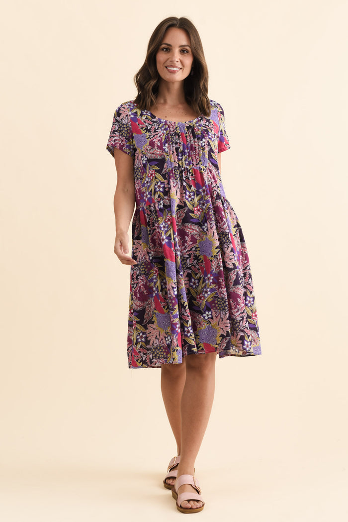 Hanoi Purple Garden Cotton Blend Dress,Brunette model,alt text|model:MJ