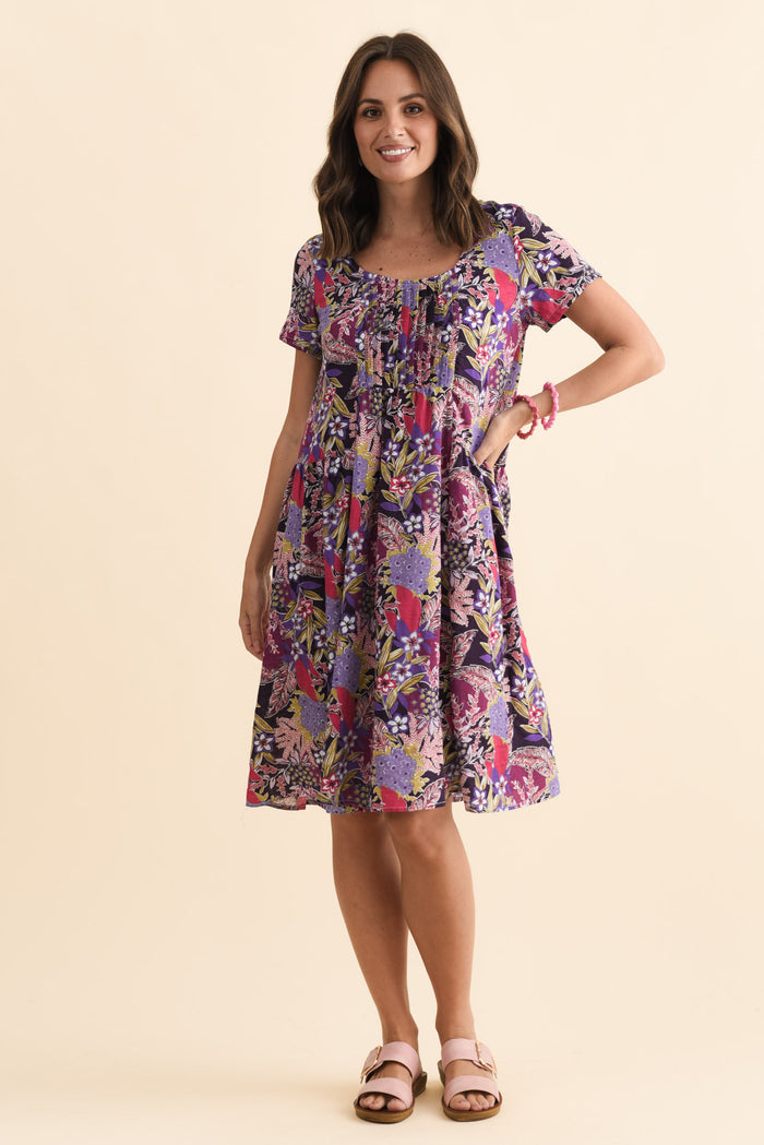 Hanoi Purple Garden Cotton Blend Dress,Brunette model,alt text|model:MJ