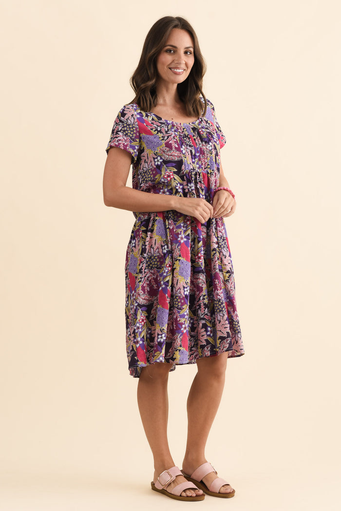 Hanoi Purple Garden Cotton Blend Dress,Brunette model,alt text|model:MJ