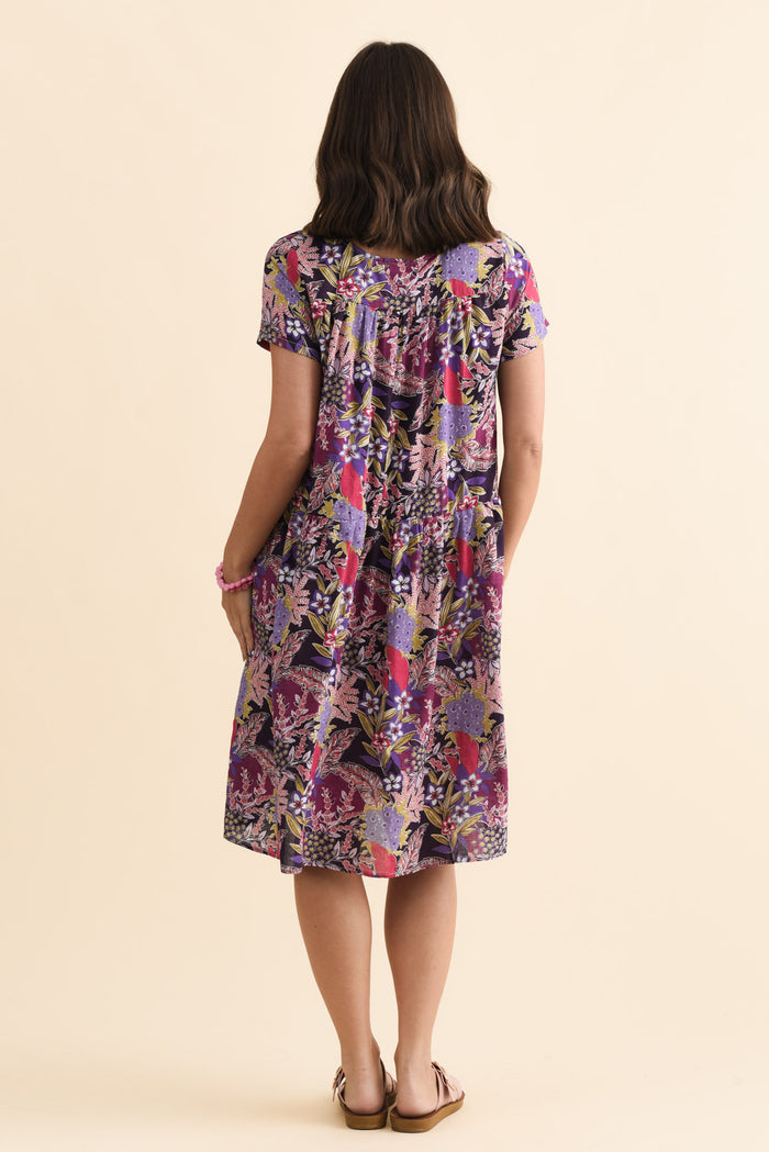 Hanoi Purple Garden Cotton Blend Dress,Brunette model,alt text|model:MJ