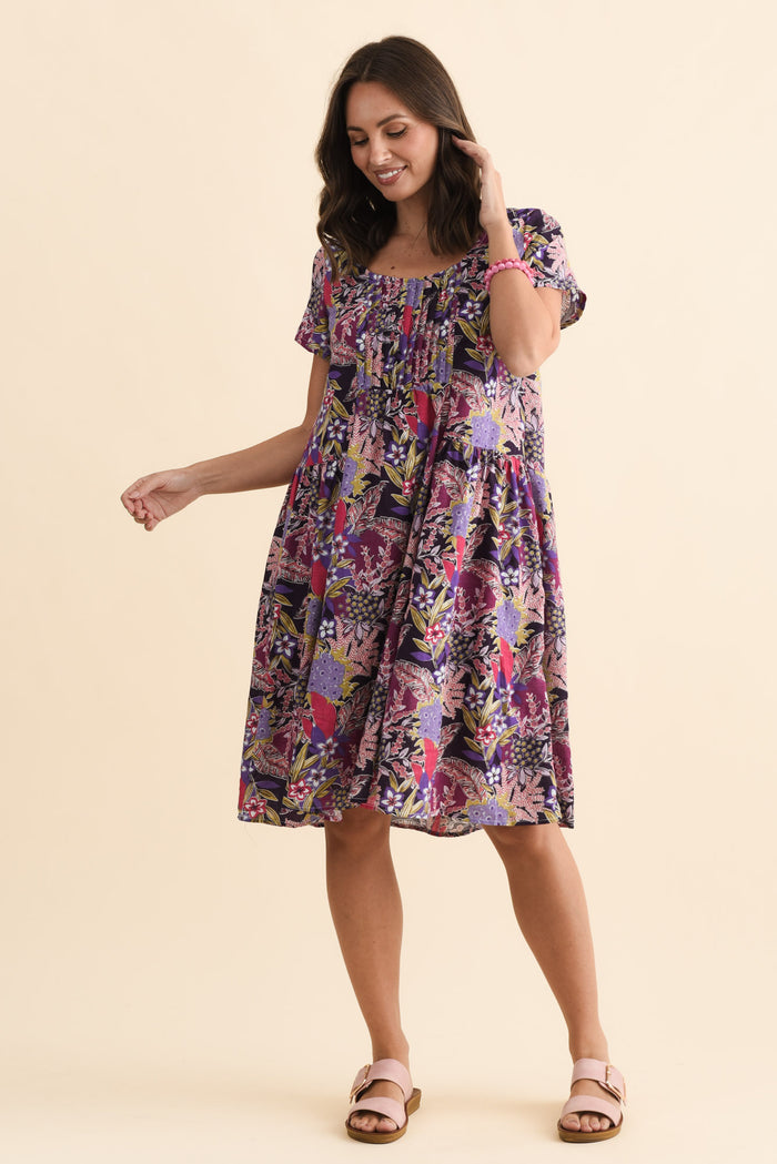 Hanoi Purple Garden Cotton Blend Dress,Brunette model,alt text|model:MJ