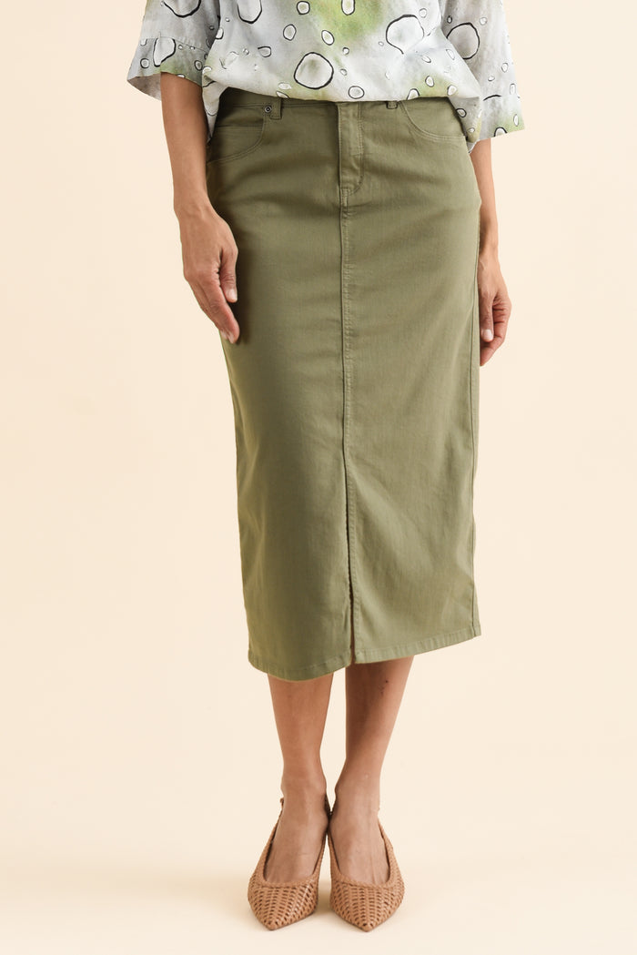Harriet Khaki Denim Midi Skirt,Front,Brunette model,alt text|model:Cara