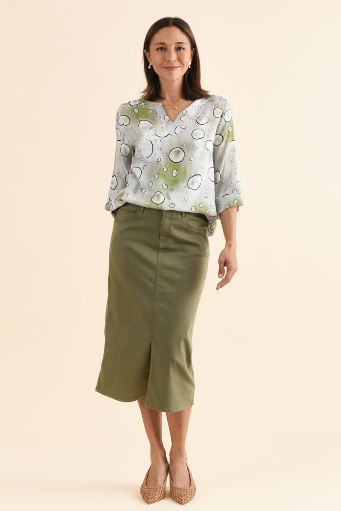 Harriet Khaki Denim Midi Skirt,Full Body,Brunette model,alt text|model:Cara