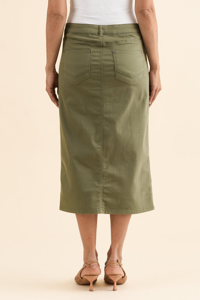 Harriet Khaki Denim Midi Skirt,Back,Brunette model,alt text|model:Cara