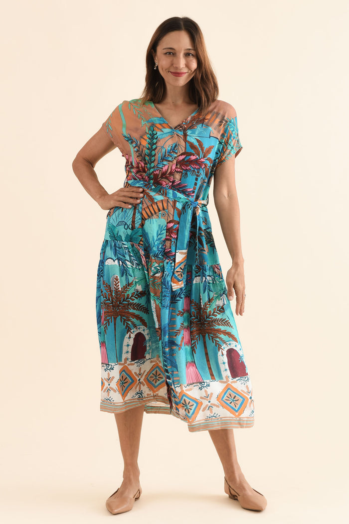 Heston Blue Tropical Button Dress,Front,Brunette model,alt text|model:Cara
