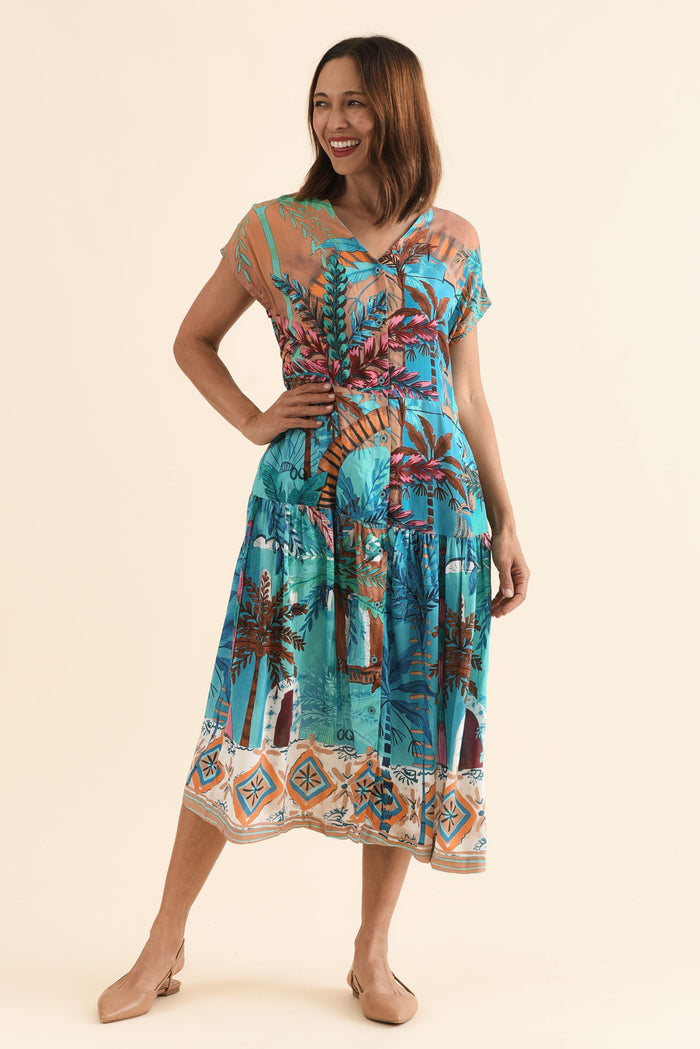 Heston Blue Tropical Button Dress,Full Body,Brunette model,alt text|model:Cara
