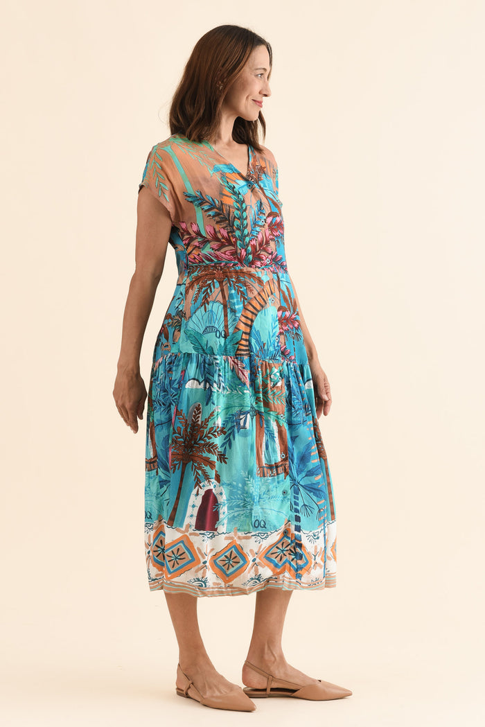 Heston Blue Tropical Button Dress,Side,Brunette model,alt text|model:Cara