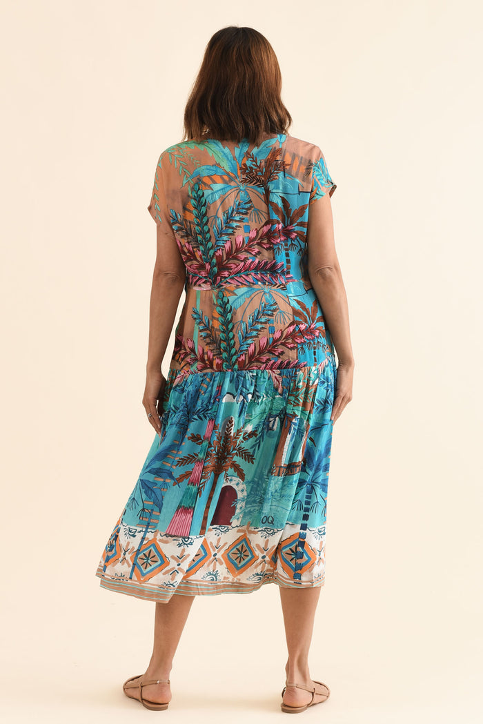 Heston Blue Tropical Button Dress,Back,Brunette model,alt text|model:Cara