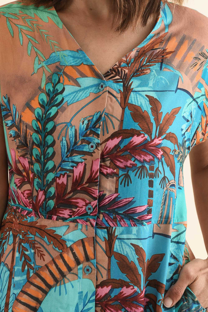 Heston Blue Tropical Button Dress,Detail,Brunette model,alt text|model:Cara